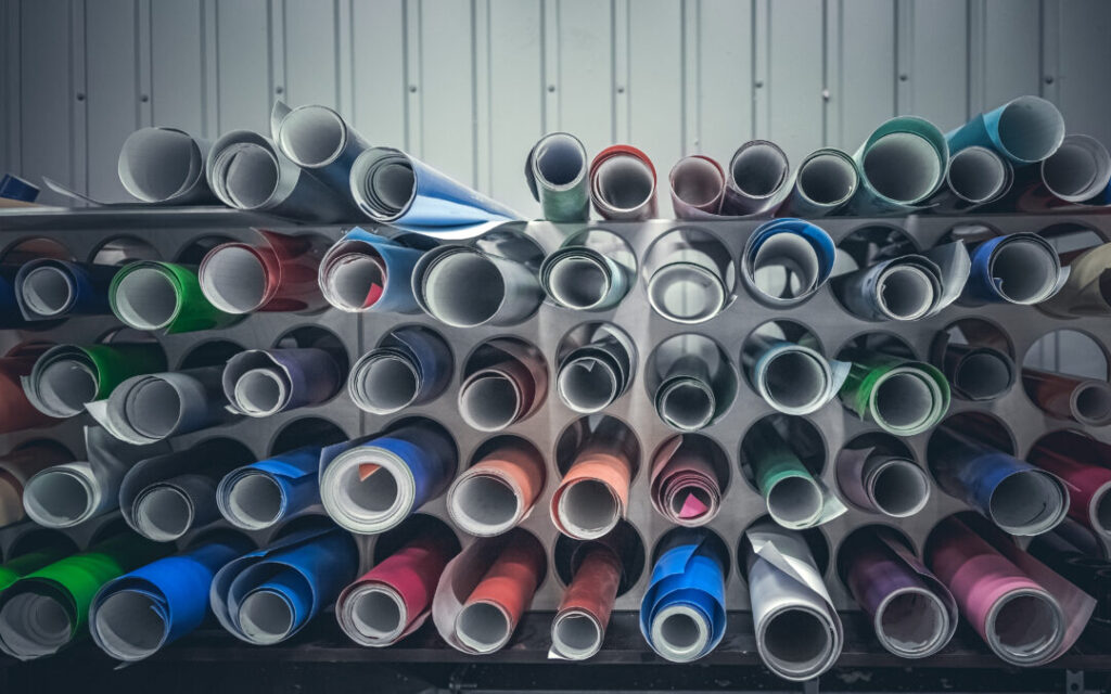 A rack with round rolls of vinyl